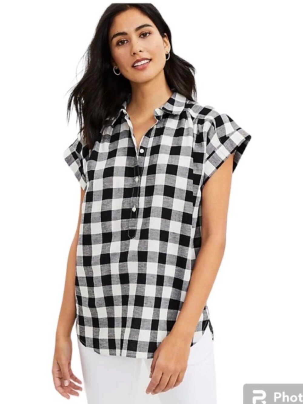 Loft Size M Linen Gingham Plaid Dolman Henley Top Short Sleeve Blouse Preppy